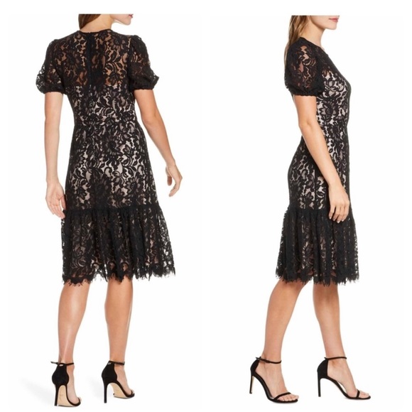 New With Tags - Eliza J Black Lace A-Line Dress with Puff Sleeves - Picture 3 of 11